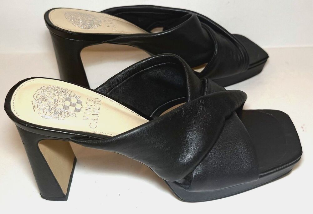 Vince Camuto Black Leather Twist Platform Mule Sandals Size 7.5 Square Toe